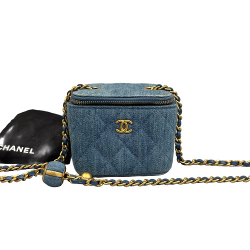Chanel Quilted Pearl Crush Mini Vanity Case Denim Blue