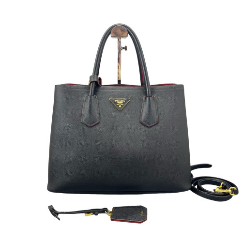 Prada Medium Double Bag Saffiano Calfskin Black Red