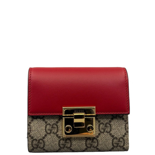 Gucci Padlock Compact French Flap Wallet GG Supreme Monogram Calfskin Red Beige Brown Gucci Padlock Compact French Flap Wallet GG Supreme Monogram Calfskin Red Beige Brown