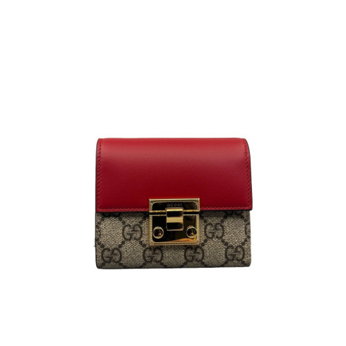 Gucci Padlock Compact French Flap Wallet GG Supreme Monogram Calfskin Red Beige Brown Gucci Padlock Compact French Flap Wallet GG Supreme Monogram Calfskin Red Beige Brown