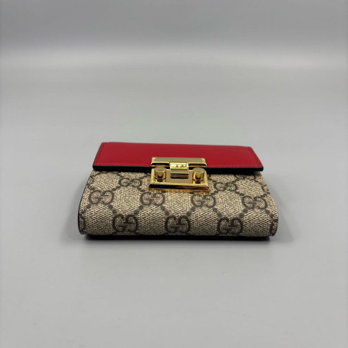 Gucci Padlock Compact French Flap Wallet GG Supreme Monogram Calfskin Red Beige Brown Gucci Padlock Compact French Flap Wallet GG Supreme Monogram Calfskin Red Beige Brown