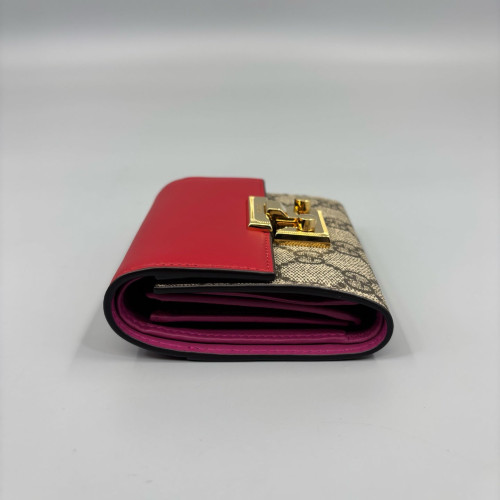 Gucci Padlock Compact French Flap Wallet GG Supreme Monogram Calfskin Red Beige Brown Gucci Padlock Compact French Flap Wallet GG Supreme Monogram Calfskin Red Beige Brown