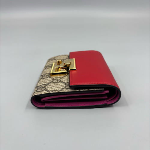 Gucci Padlock Compact French Flap Wallet GG Supreme Monogram Calfskin Red Beige Brown Gucci Padlock Compact French Flap Wallet GG Supreme Monogram Calfskin Red Beige Brown