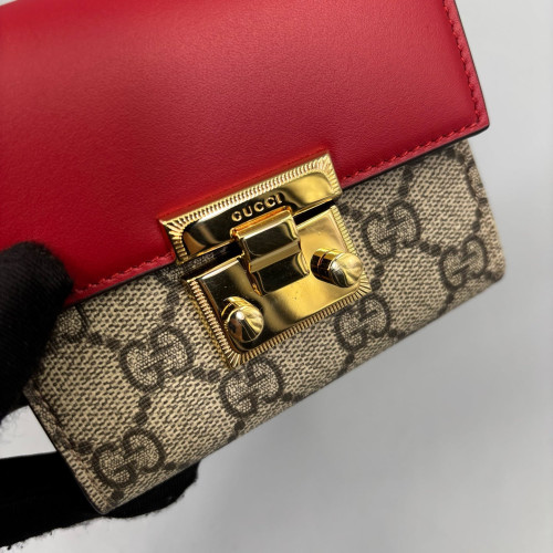 Gucci Padlock Compact French Flap Wallet GG Supreme Monogram Calfskin Red Beige Brown Gucci Padlock Compact French Flap Wallet GG Supreme Monogram Calfskin Red Beige Brown