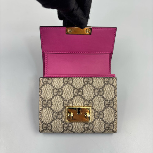 Gucci Padlock Compact French Flap Wallet GG Supreme Monogram Calfskin Red Beige Brown Gucci Padlock Compact French Flap Wallet GG Supreme Monogram Calfskin Red Beige Brown