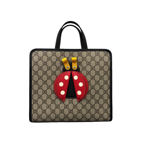Gucci Children's Printed Tote Bag GG Supreme Monogram Calfskin Brown Black Red