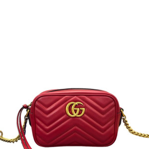 Gucci Matelasse Mini GG Marmont Chain Shoulder Bag Calfskin Red