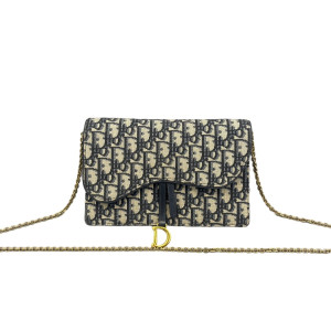Dior Medium Saddle Chain Pouch Oblique Navy Beige Black