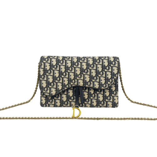 Dior Medium Saddle Chain Pouch Oblique Navy Beige Black