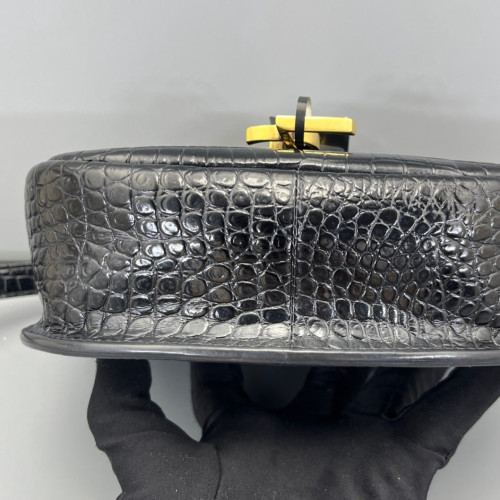 Yves Saint Laurent Small Kaia Satchel Calfskin Crocodile Embossed Black