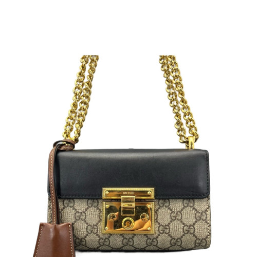 Gucci Small Padlock Shoulder Bag GG Supreme Monogram Black Beige Brown