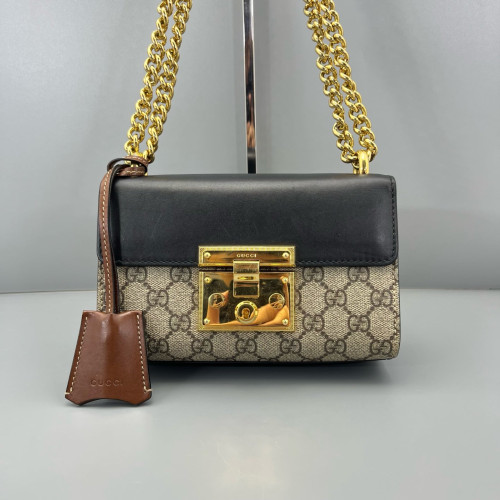 Gucci Small Padlock Shoulder Bag GG Supreme Monogram Black Beige Brown