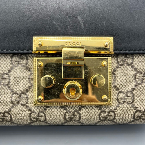Gucci Small Padlock Shoulder Bag GG Supreme Monogram Black Beige Brown