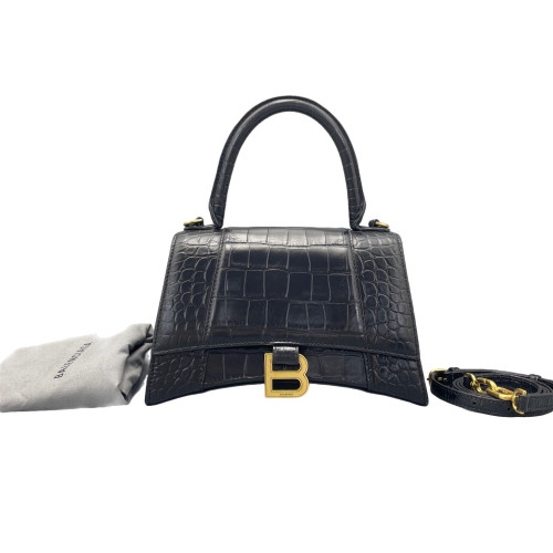 Balenciaga Hourglass Small Calfskin Crocodile Embossed Black
