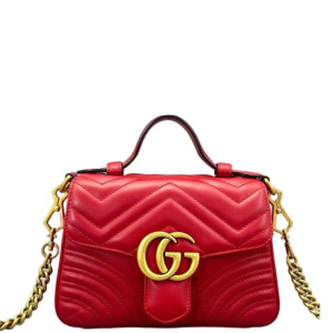Gucci Mini GG Marmont Top Handle Chain Shoulder Bag Calfskin Red