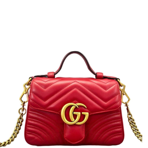 Gucci Mini GG Marmont Top Handle Chain Shoulder Bag Calfskin Red