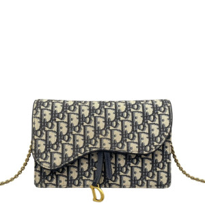 Dior Medium Saddle Chain Pouch Oblique Canvas Blue Light Tan