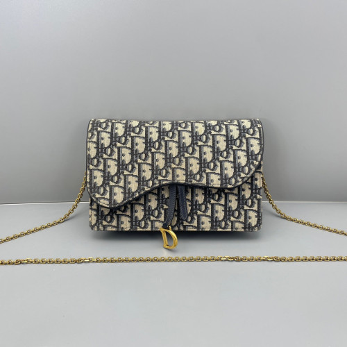 Dior Medium Saddle Chain Pouch Oblique Canvas Blue Light Tan