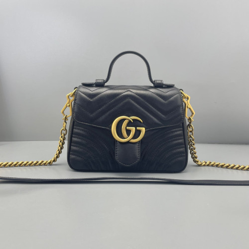 Gucci Mini GG Marmont Top Handle Chain Shoulder Bag Calfskin Black Gucci Mini GG Marmont Top Handle Chain Shoulder Bag Calfskin Black