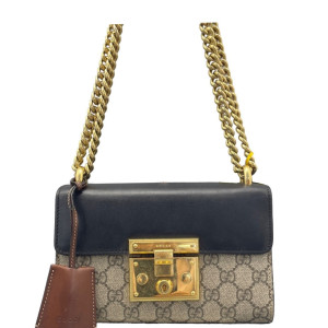 Gucci Mini Ophidia Chain Shoulder Bag GG Monogram Calfskin Canvas Black Beige