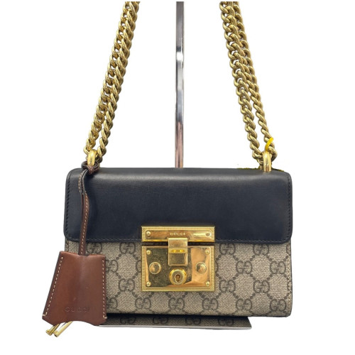 Gucci Mini Ophidia Chain Shoulder Bag GG Monogram Calfskin Canvas Black Beige