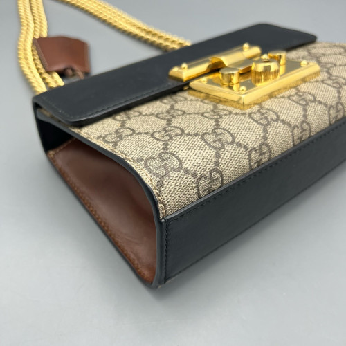 Gucci Mini Ophidia Chain Shoulder Bag GG Monogram Calfskin Canvas Black Beige