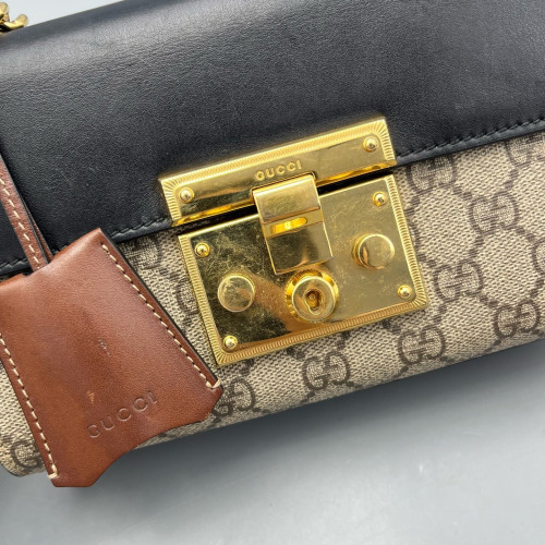 Gucci Mini Ophidia Chain Shoulder Bag GG Monogram Calfskin Canvas Black Beige