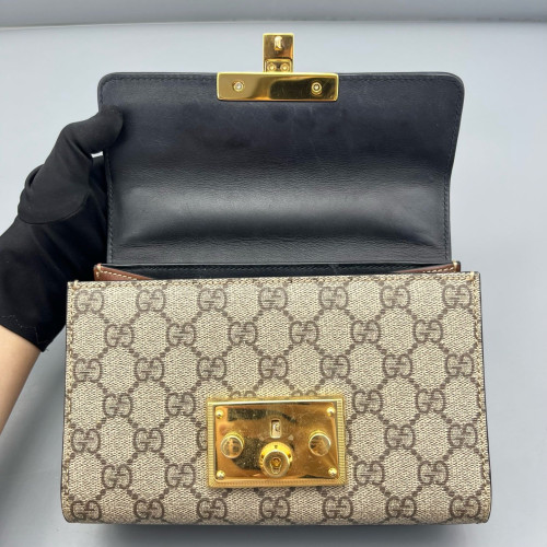 Gucci Mini Ophidia Chain Shoulder Bag GG Monogram Calfskin Canvas Black Beige