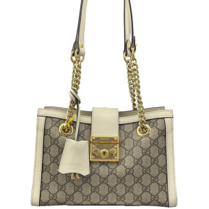Gucci Medium Ophidia Padlock Top Handle GG Monogram Calfskin Canvas White Light Tan