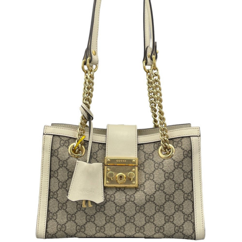 Gucci Medium Ophidia Padlock Top Handle GG Monogram Calfskin Canvas White Light Tan