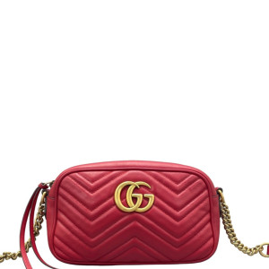 Gucci Matelasse Small GG Marmont Chain Shoulder Bag Calfskin Red