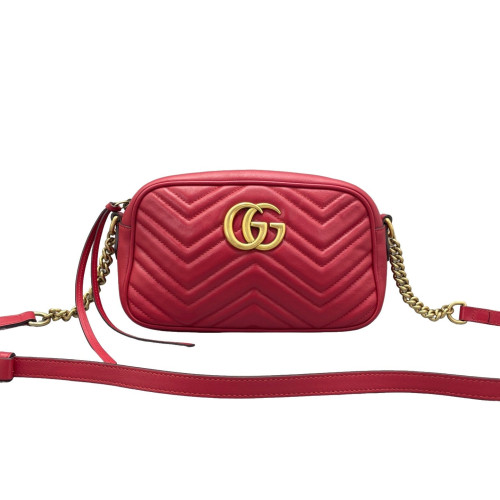 Gucci Matelasse Small GG Marmont Chain Shoulder Bag Calfskin Red