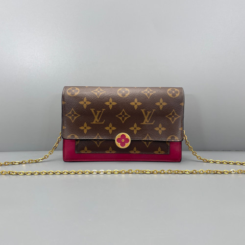 Louis Vuitton Flore Chain Wallet Monogram Fuchsia Dark Brown Light Brown