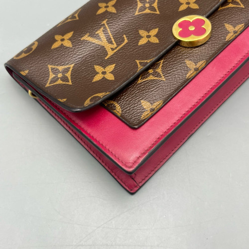 Louis Vuitton Flore Chain Wallet Monogram Fuchsia Dark Brown Light Brown