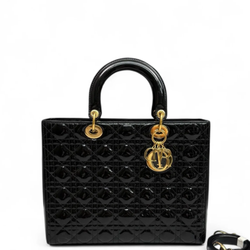 Dior Large Lady Dior Patent Calfskin Black