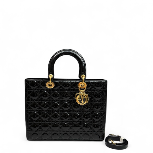 Dior Large Lady Dior Patent Calfskin Black