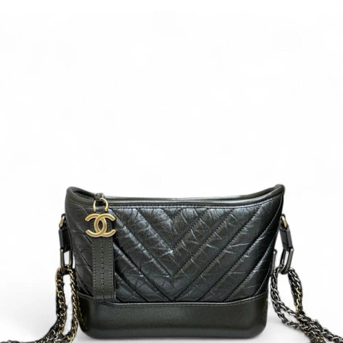 Chanel Chevron Quilted Small Gabrielle Hobo Crumpled Calfskin Black
