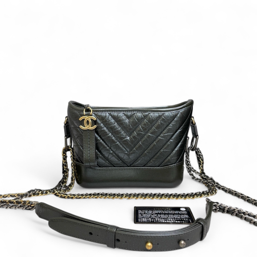 Chanel Chevron Quilted Small Gabrielle Hobo Crumpled Calfskin Black