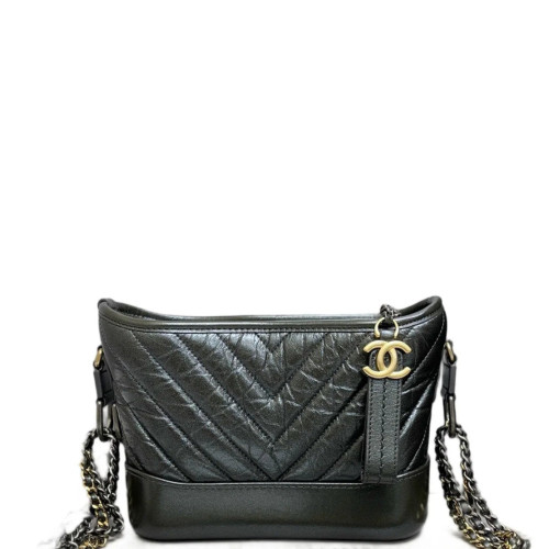 Chanel Chevron Quilted Small Gabrielle Hobo Crumpled Calfskin Black
