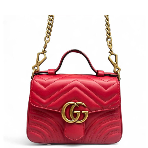 Gucci Chevron Mini GG Marmont Top Handle Shoulder Bag Calfskin Red Gucci Chevron Mini GG Marmont Top Handle Shoulder Bag Calfskin Red