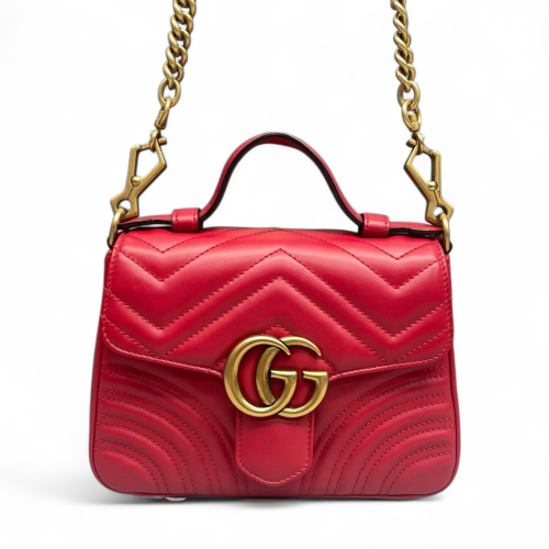 Gucci Chevron Mini GG Marmont Top Handle Shoulder Bag Calfskin Red Gucci Chevron Mini GG Marmont Top Handle Shoulder Bag Calfskin Red