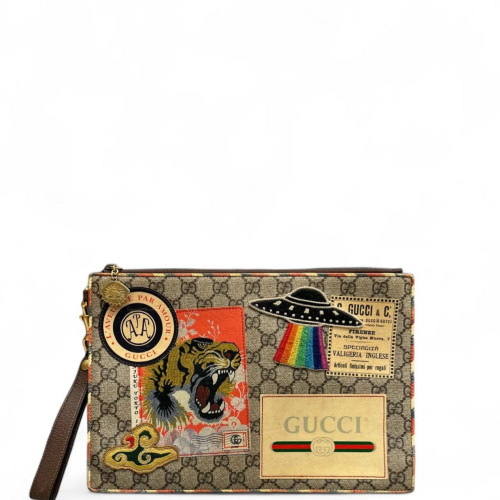 Gucci Embroidered Clutch GG Monogram Beige Brown Red Gucci Embroidered Clutch GG Monogram Beige Brown Red