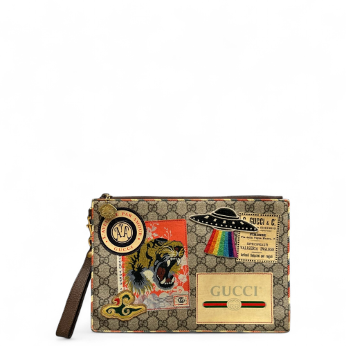 Gucci Embroidered Clutch GG Monogram Beige Brown Red Gucci Embroidered Clutch GG Monogram Beige Brown Red