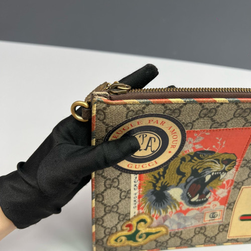 Gucci Embroidered Clutch GG Monogram Beige Brown Red Gucci Embroidered Clutch GG Monogram Beige Brown Red