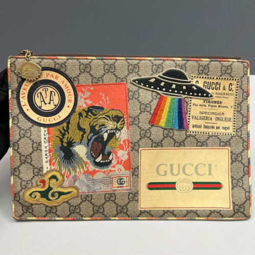 Gucci Embroidered Clutch GG Monogram Beige Brown Red Gucci Embroidered Clutch GG Monogram Beige Brown Red