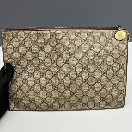 Gucci Embroidered Clutch GG Monogram Beige Brown Red Gucci Embroidered Clutch GG Monogram Beige Brown Red