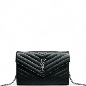 Yves Saint Laurent Envelope Wallet On Chain Grained Calfskin Black
