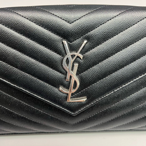 Yves Saint Laurent Envelope Wallet On Chain Grained Calfskin Black