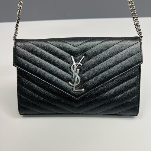 Yves Saint Laurent Envelope Wallet On Chain Grained Calfskin Black