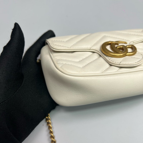 Gucci Chevron Mini GG Marmont Chain Wallet Calfskin White